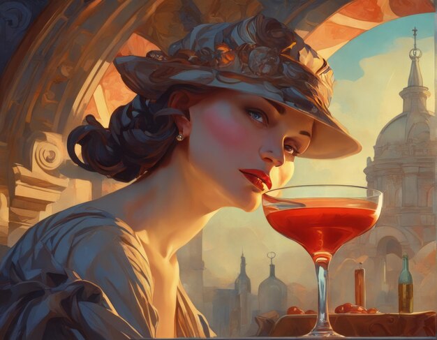 Photo beautiful fashion woman in a red hat with a glass of wine on a background of the citybeautiful fashi