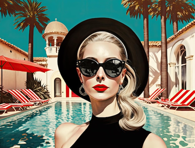 スイミング プールでトレンディなサングラスをかけている赤い唇を持つ美しいファッション女性レトロなプリント効果