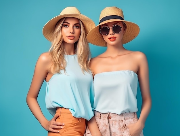 beautiful and fashionable model girls are dressed in trendy summer ensembles on blue background