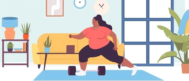 Красивая толстая женщина тренируется дома Фитнес-концепция для хорошего здоровья Контроль веса Толстый живот здоровое тело