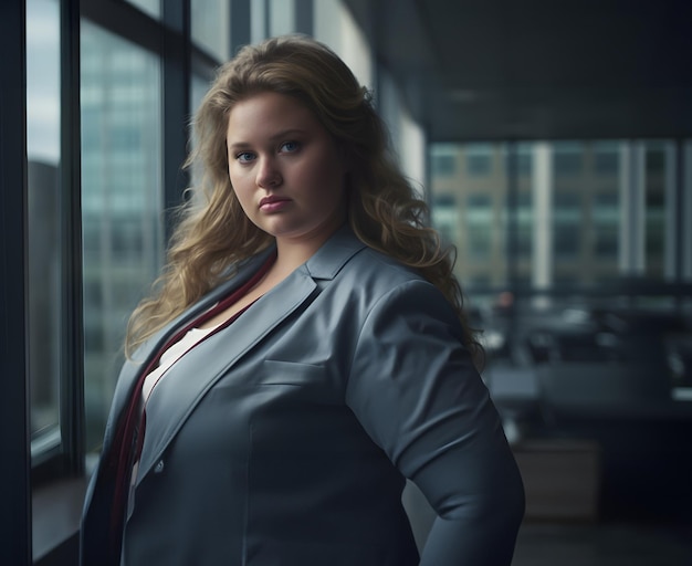 A beautiful fat women standing near window sunlight comes on face