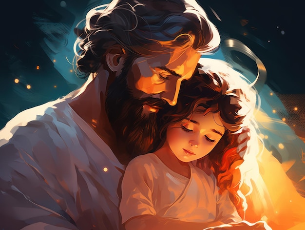 Прекрасный Отец Бог со своей прекрасной дочерью на фоне иллюстрации