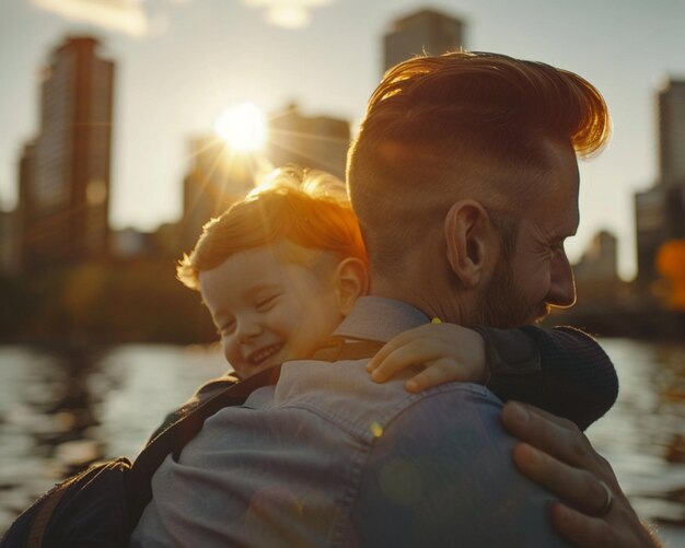 Foto bellissimo servizio fotografico per la festa dei padri in posture adorabili e sorridenti luogo meraviglioso nella natura