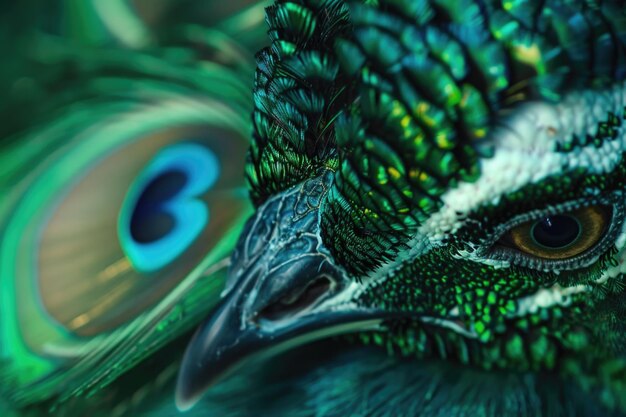 Photo beautiful feathers of male green peafowl peacock pavo muticus