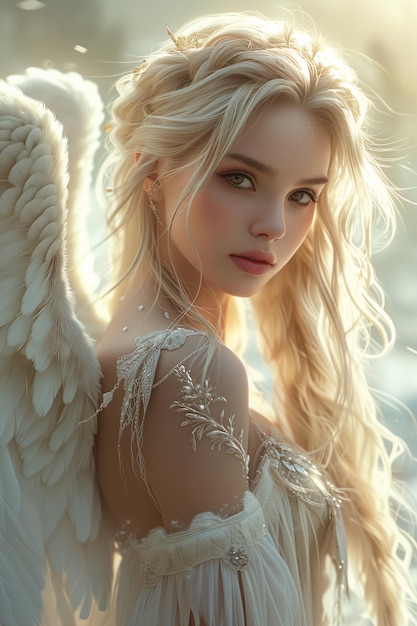 Photo beautiful female angel bright white elegant wings white robes