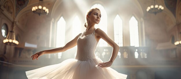 Beautiful female ballerina white tutu dancing in the ballet hall indoor with sunbeams