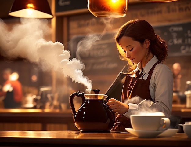 Beautiful female barista making a cup of coffee in a cafe