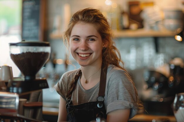 Foto bella barista e sorride mentre lavora dietro il bancone di un bar in un caffè