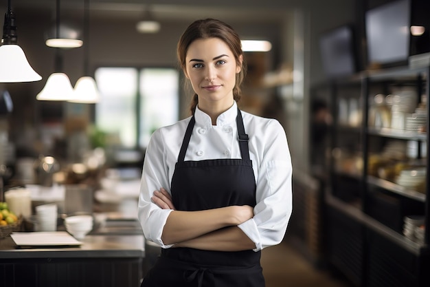 Beautiful female chef wearing plain chef apron