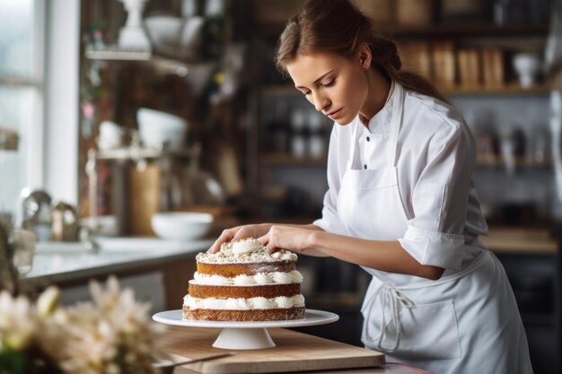 Foto una bella cuoca prepara il dessert e sta facendo una torta in cucina