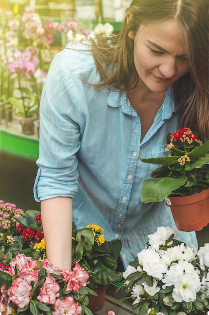 Beautiful female customer smelling colorful blooming flowerpots in the retail store. Gardening In Greenhouse. Botanical garden, flower farming, horticultural industry concept