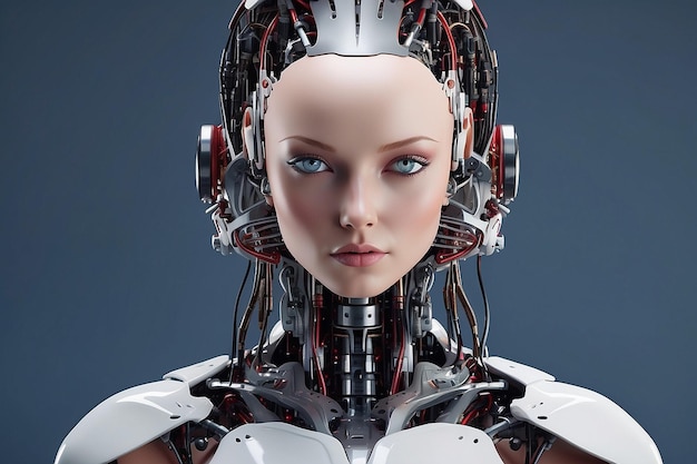 Beautiful female cyber fashion robot on the futuristic techno background Artificial Intelligence