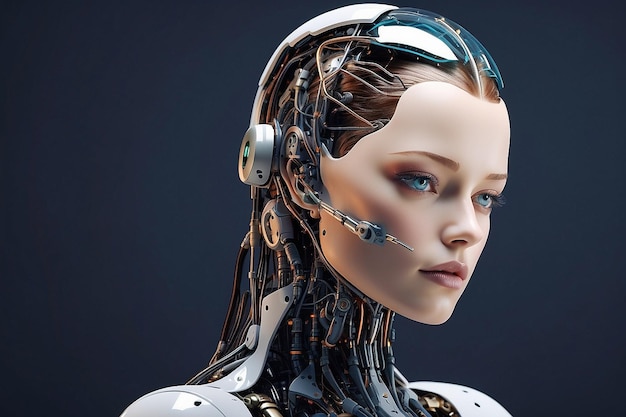 Photo beautiful female cyber fashion robot on the futuristic techno background artificial intelligence