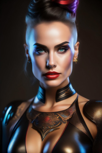 Красивая женщина-демон с рогами и кожаной одеждой смотрит в камеру Генеративный AI_7