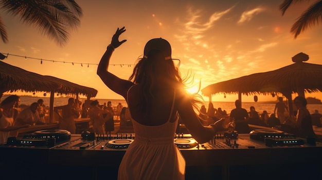 Beautiful female dj at beach party during sunset Carefree life on a paradise island AI generated