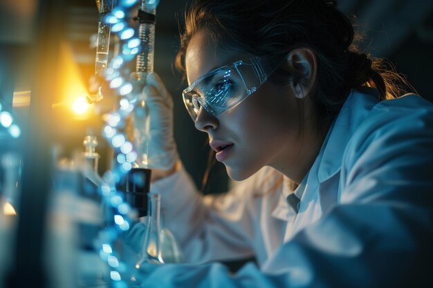 Foto bella dottoressa scienziata che lavora in laboratorio a sviluppare e analizzare la medicina