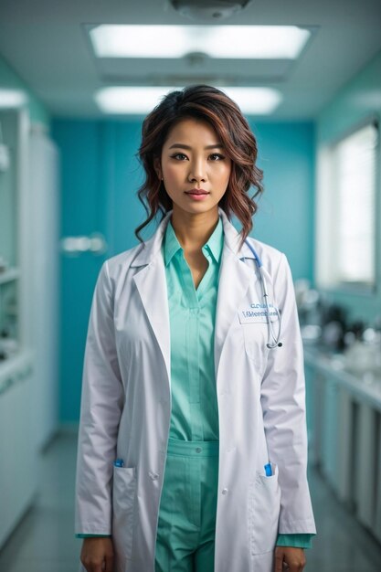 A Beautiful female doctor warming white lab coat siting in clinic