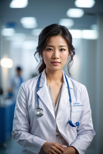 A Beautiful female doctor warming white lab coat siting in clinic