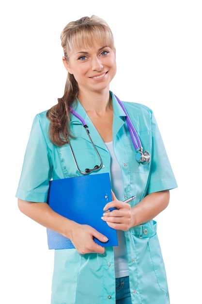 Beautiful female doctor with blue clipboard isolated on white