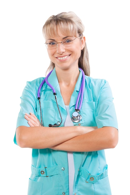 Beautiful female doctor with crossed arms isolated