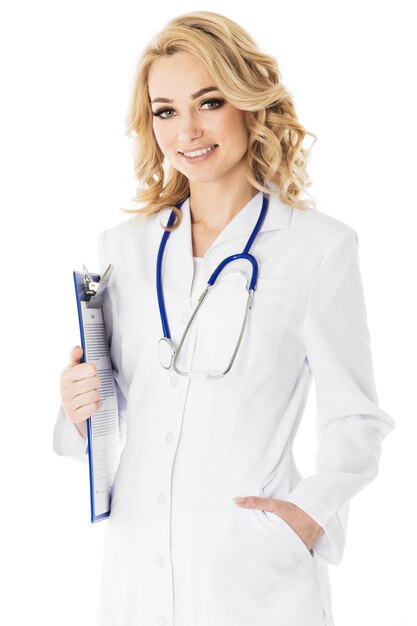 Beautiful female doctor with document folder isolated on white background