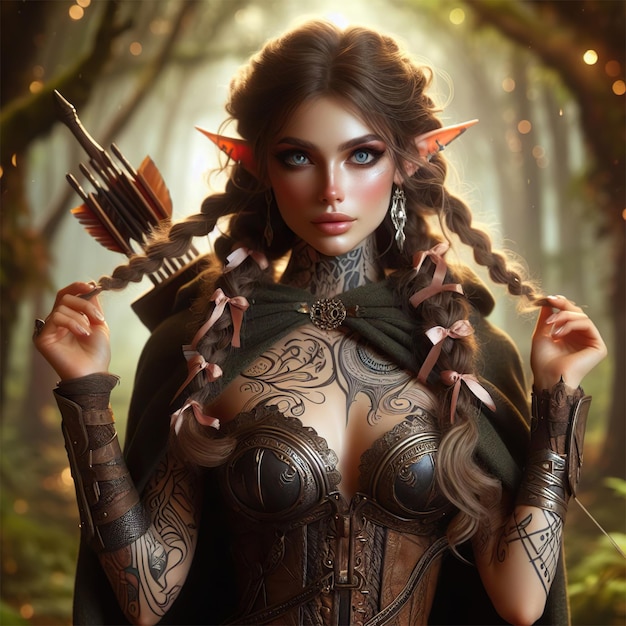 Beautiful female Elf with warriors armor Fairy forest background