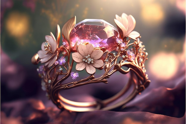 Beautiful female engagement ring with flowers Pink and gold tones Blurred background Generative AI