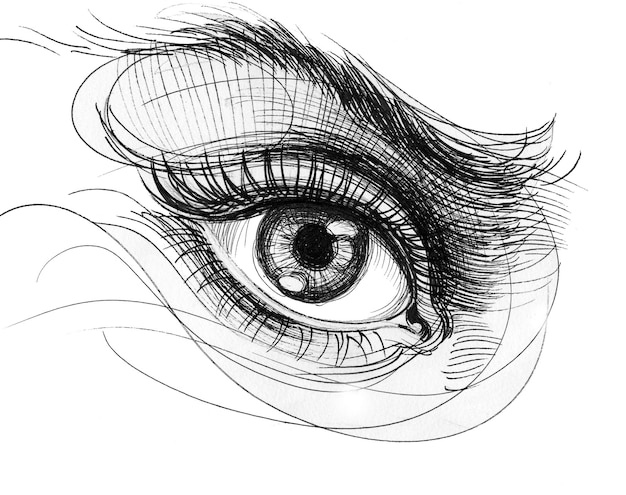 Beautiful female eye. Ink black and white drawing