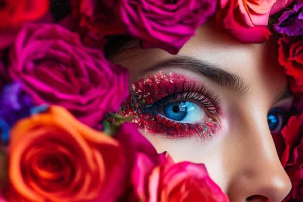 Beautiful female eye makeup in flowers beauty care generative ai