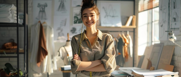 A beautiful female fashion designer wearing a measure tape smiles as she sits in her sunny studio which has mannequins clothes hanging on the walls and sketches pinned to the wall