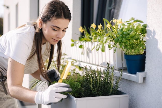 Beautiful female gardening on balcony woman check plant in flowerpot near the window happy smiled