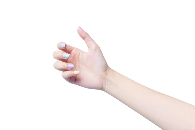 Beautiful female hand acts as applying lotion or hand cream to hand care while she holds something