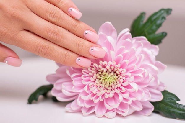 Beautiful female hand with wedding manicure nails pink gel polish peony flower