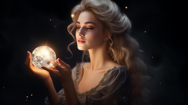 beautiful female holding ball moon background