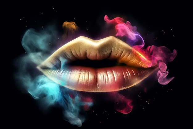 Beautiful female lips with red blue and yellow smoke on black background Generative AI