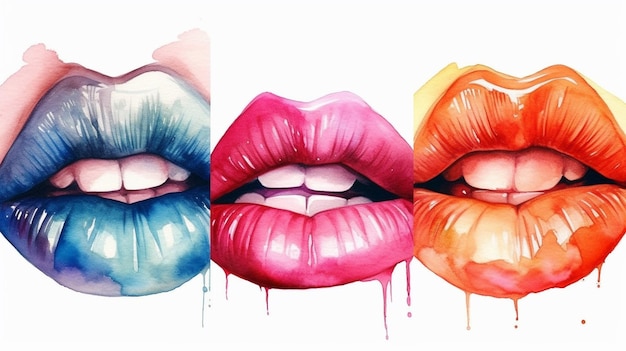 Beautiful female lips with red lipstick and blue watercolor paint splashesgenerative ai