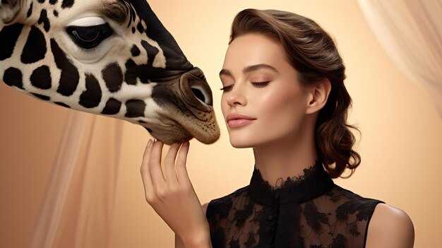 The beautiful female model close to the Giraffe is a fashion photo shoot