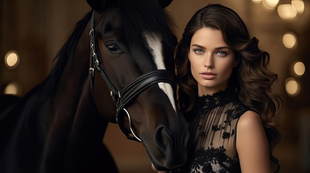 Photo the beautiful female model close to the horse is a fashion photo shoot