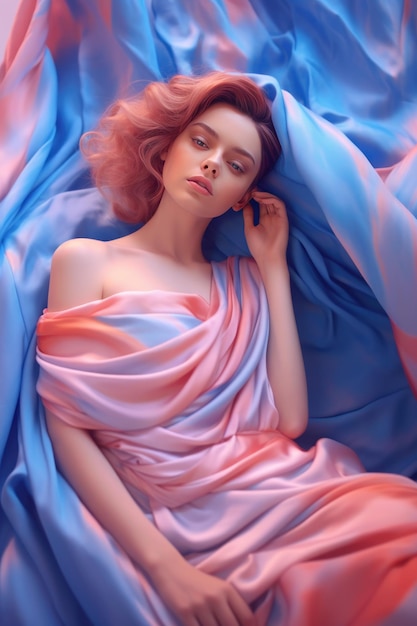 Beautiful female model laying on a pink adn blue silky fabric Fashion background