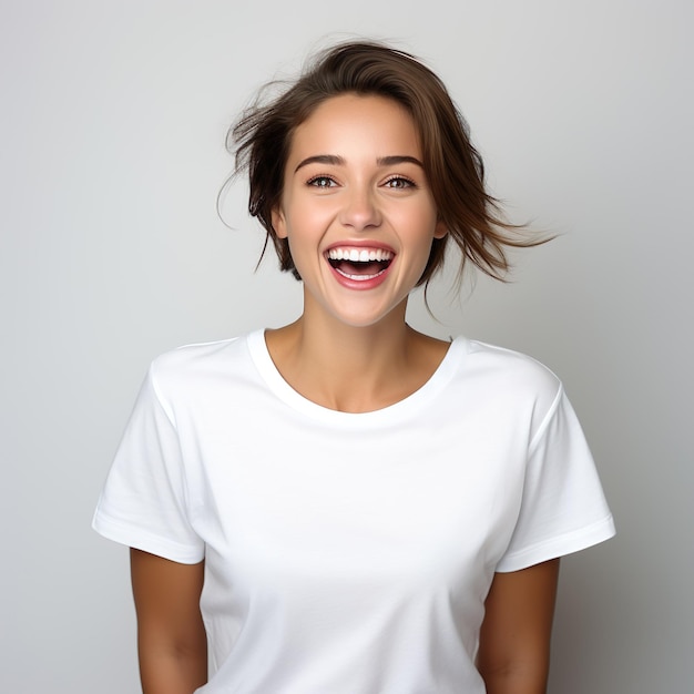 A beautiful female model in white tshirt happily surprised and laughing