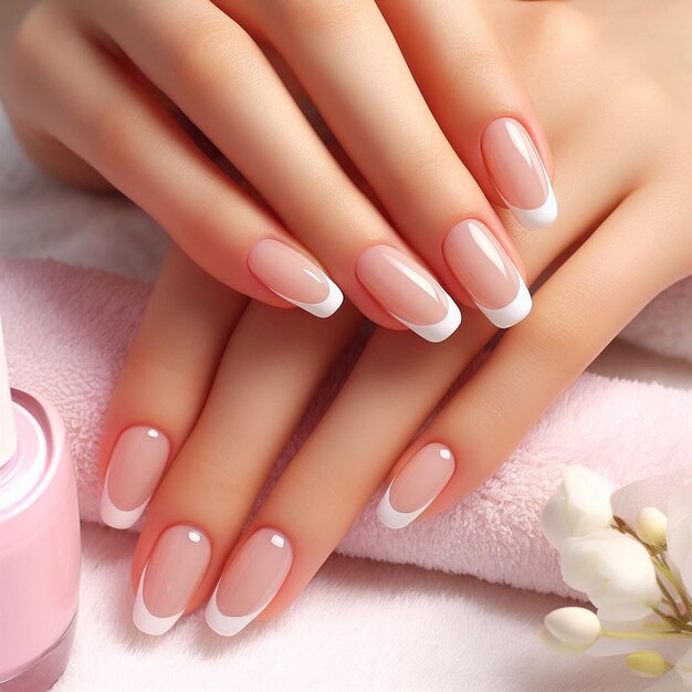 Photo beautiful female nails manicure french nail spa floral background