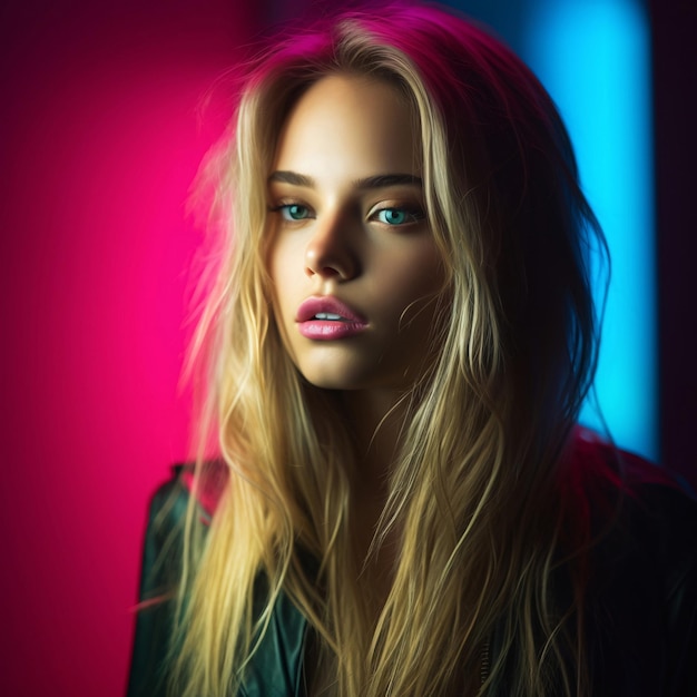 Beautiful female photo with blonde hair in colorful lights bokeh background blur AI Generated