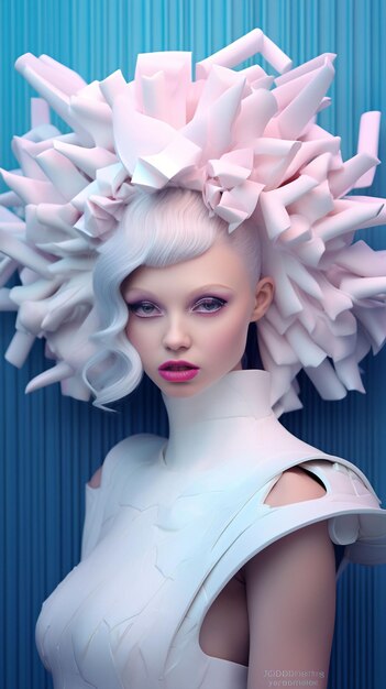 写真 巨大なヘッドピースを身に着けたパステル色の未来主義的な服装を着た美しい女性ポップアーティスト