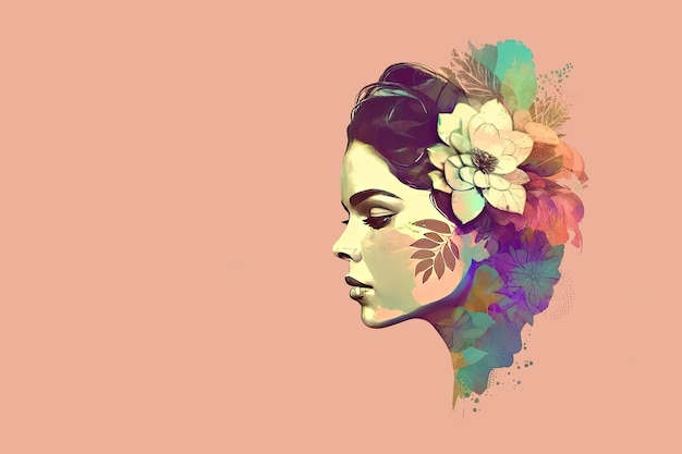 Beautiful female profile Pretty woman with a cute hairstyle with flowers on colored background Generative AI