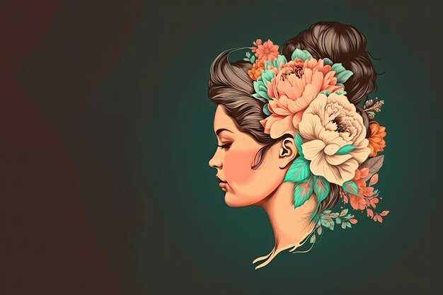 Beautiful female profile Pretty woman with a cute hairstyle with flowers on dark background Generative AI