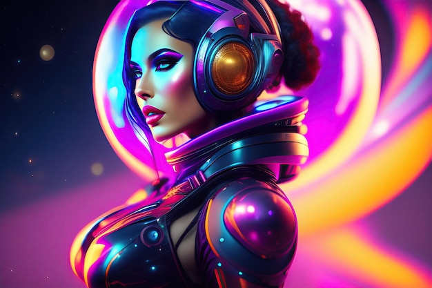 Beautiful female robot cyborg on space nebula background neonpunk pin up style 3d illustration