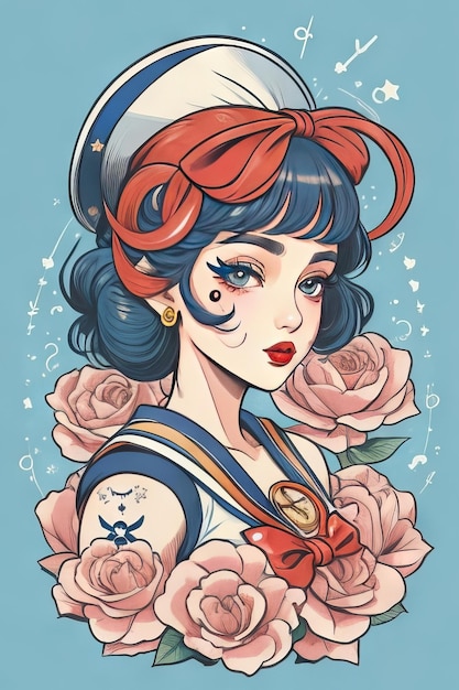 Photo beautiful female sailor illustration for tshirt
