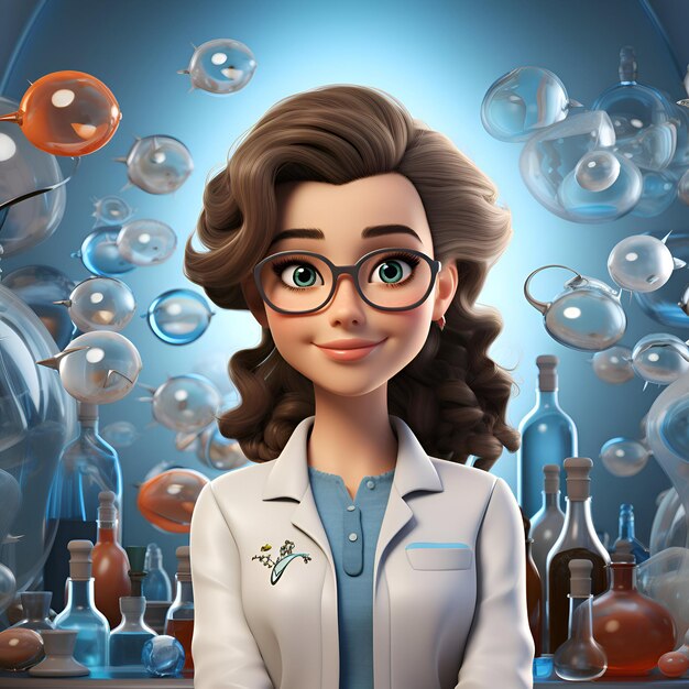 Photo beautiful female scientist in lab coat and glasses 3d rendering