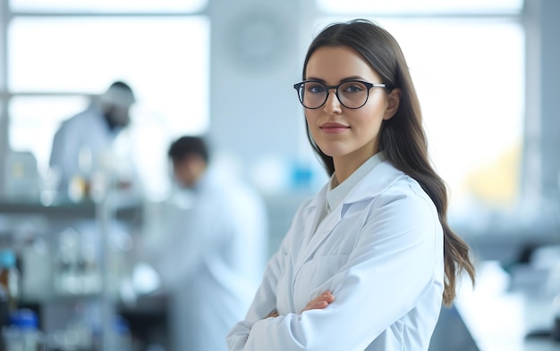 Foto bella scienziata con cappotto bianco e occhiali in un laboratorio moderno con la squadra