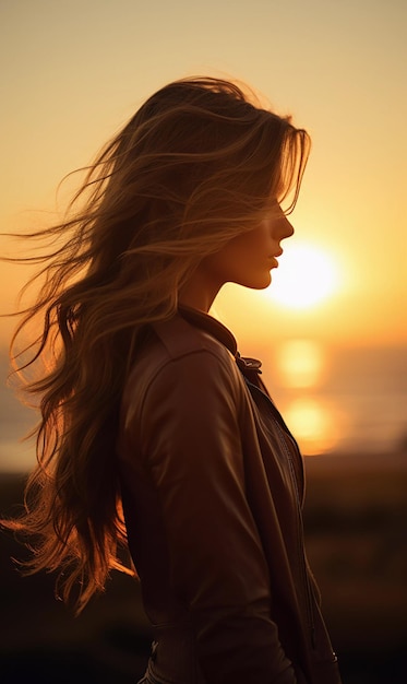 Beautiful female silhouette against the backdrop of a bright sunset